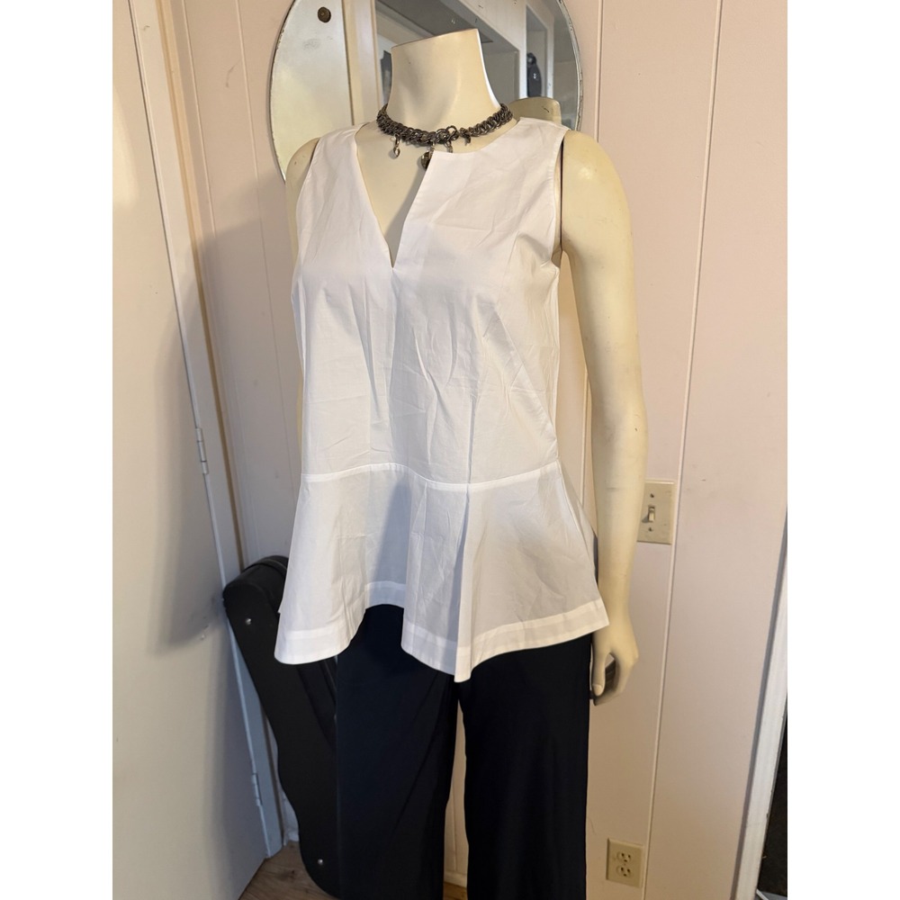 NWT Ann Taylor White Sleeveless Notched V-Neck Peplum Top Crisp Cotton Poplin S